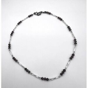 Brown Crystal Accent Choker Necklace Silver Tone Tube Beads 14"